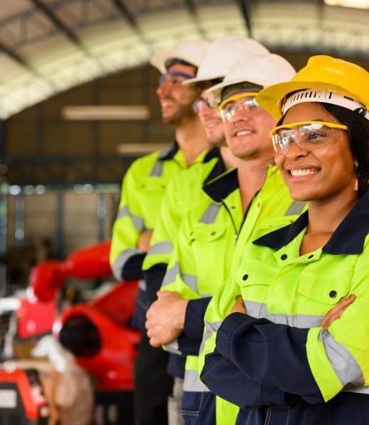 Group of technicians engineers workers posing to camera with smile working together at industrial factory